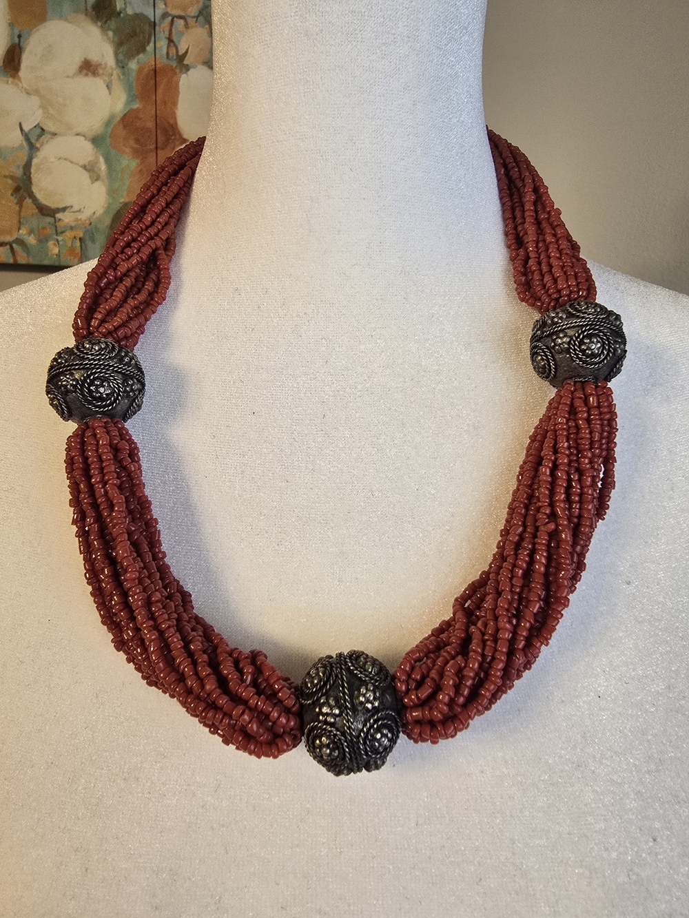 Vintage Coral Seed Glass Beads Multi Strand Necklace Red Ethnic Chunky Filigree